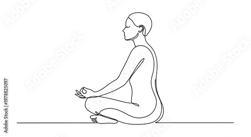 Minimalist continuous line drawing of a person meditating in lotus position.