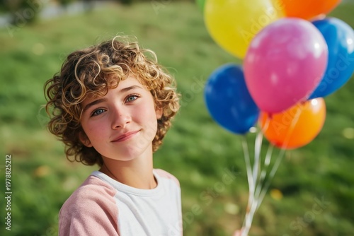 Child Holds Colorful Balloons Outdoors With a Happy Expression in Bright Sunl...