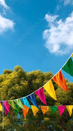 Colorful Flags Sway in the Breeze Under Bright Blue Sky and Green Tree Leaves
