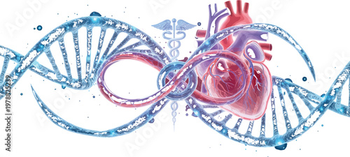 A striking digital illustration combining a glowing human heart, complex DNA double helix structure, and the iconic caduceus symbol representing medical science, genetics, and biology.