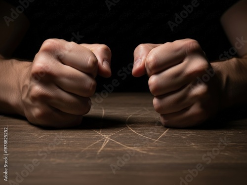 Close-up of two tightly clenched fists resting on a scratched wooden table, illuminated by dramatic lighting to convey tension and conflict.