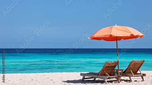 Relaxing on Beach Chairs Under Orange Umbrella by Clear Blue Ocean at Midday