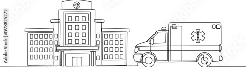 Continuous line drawing of a medical hospital building standing next to an emergency ambulance vehicle providing rapid health care services for sick patients in need