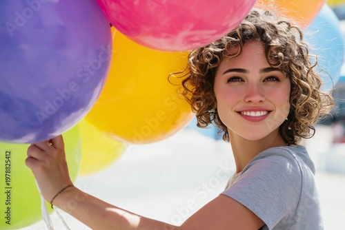 Child Holds Colorful Balloons Outdoors With a Happy Expression in Bright Sunl...