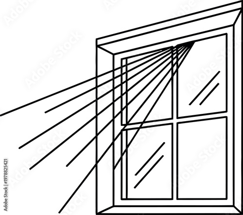 Minimalist line art illustration of a square window with bright sunlight rays shining through the glass pane creating a clean and simple decorative graphic design