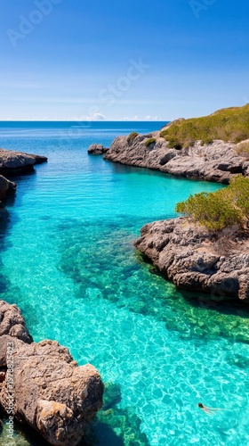 Bright Blue Water in a Rocky Coastal Area on a Sunny Day by the Sea