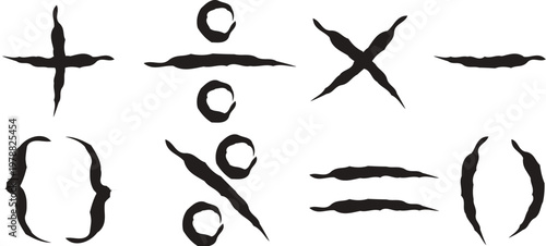 Set of hand-drawn grunge math symbols, black textured mathematical signs and punctuation collection on white background.