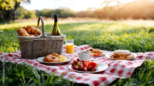 Picnic Setup With Various Food Items and Drinks in a Grassy Area During Sunset