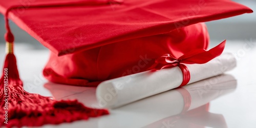 Graduation Cap and Rolled Diploma on Red Background During Celebration Time