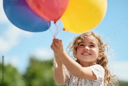 Child Holds Colorful Balloons Outdoors With a Happy Expression in Bright Sunl...