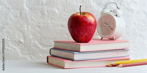 Stack of Books With an Apple and Clock on a White Table in a Study Area in th...