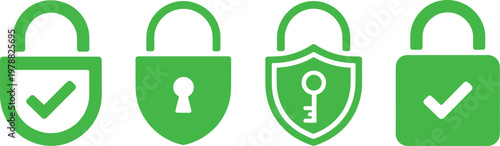 Security lock icon set, vector illustration of padlock shield icons with checkmark representing cyber defence privacy protection and secure system design.