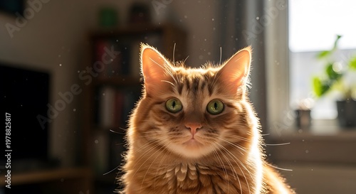 Close up portrait ginger cat with green eyes looking at camera cute domestic feline