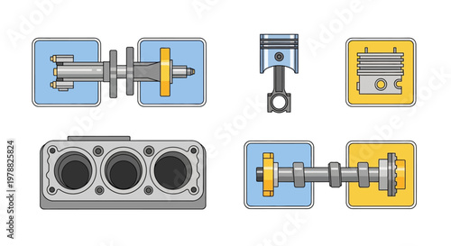 Mechanical parts and engine components.