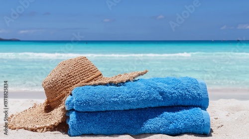 Warm Sand and Beach Hat Resting on Blue Towel With Ocean View in Background D...