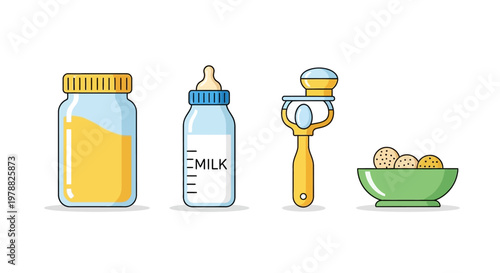 Baby food and milk bottles.