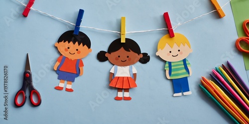 Childrens Art Display With Colorful Drawings on a Blue Background and Craft S...