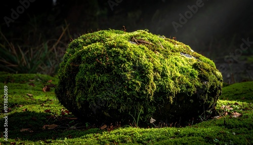 Lush Green Moss-Covered Rock in a Shaded Forest Environment.