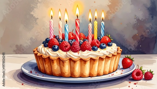 Delicious Birthday Cake with Candles and Fresh Berries.