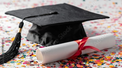 Graduation Cap and Diploma on Colorful Confetti Background During Celebration...