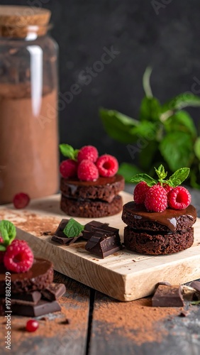 Close-up of layered chocolate desserts topped with raspberries and mint leaves. A jar of cocoa powder is in the background. Wooden board & table