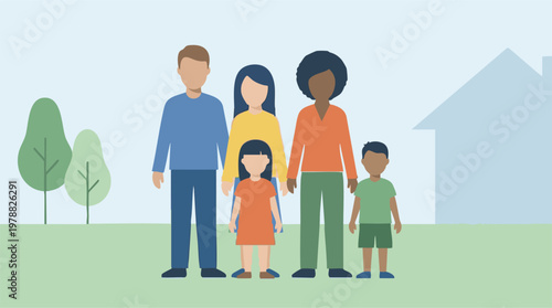 Photos Diverse family of four standing together outdoors near their home
