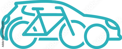 Minimalist line art icon featuring a combined silhouette of a modern hatchback car and a bicycle representing eco friendly transportation alternatives for the urban commuter