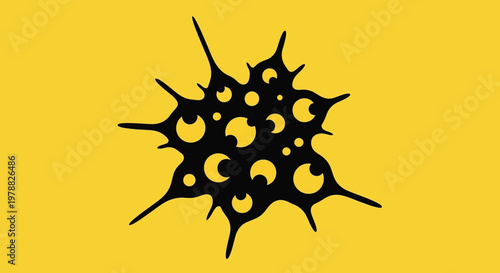 A striking abstract design features a black amoeba like shape with multiple holes against a bright yellow background
