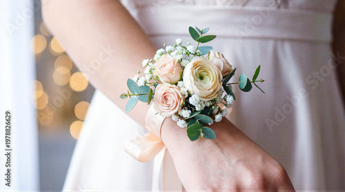 Woman wearing floral wrist corsage with soft pastel roses  