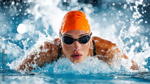 Swimmer Performs Strokes in a Pool During a Training Session in the Morning L...