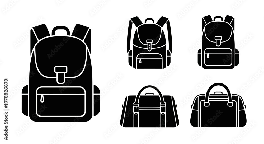 Fototapeta premium Various styles of school and travel bags depicted in black silhouette