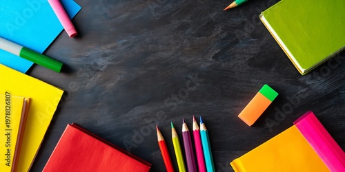 Colorful Supplies Are Arranged on a Dark Surface for a Creative Project