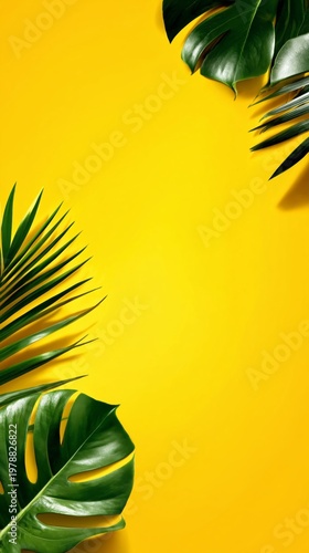Bright Yellow Background With Green Tropical Leaves Arranged Around the Edges...