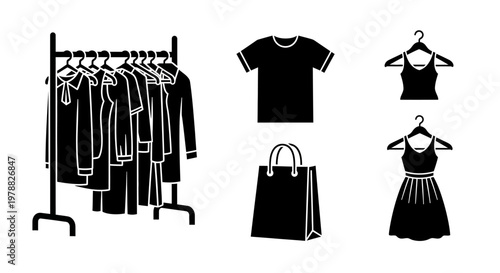Clothing rack dresses shirts and accessories in black silhouette