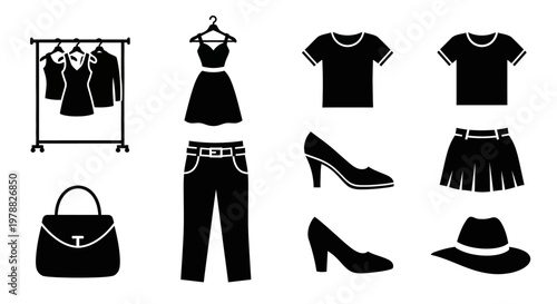 Black silhouettes of clothing accessories and a garment rack silhouette