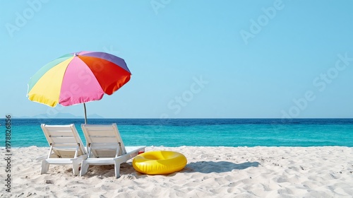 Colorful Beach Umbrella Shades Empty Chairs by the Ocean on a Sunny Day