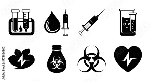 Black medical icons depicting science biology and health silhouette