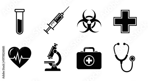 Medical icons including syringe test tube and biohazard a silhouette