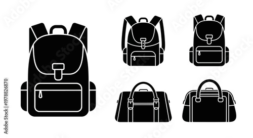 Various styles of school and travel bags depicted in black silhouette