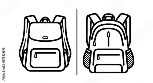 Two school backpacks displayed side by side black outline silhouette
