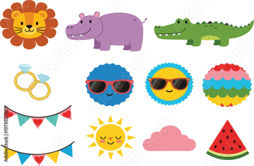 Collection of Cute Cartoon Animals, Sunglasses, Summer Icons, and Fun Elements for Kids’ Party, Wedding, and Celebration Designs
