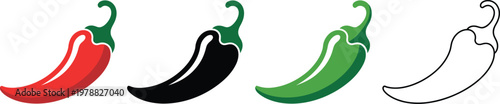 Chili pepper icon set, vector collection of spicy hot pepper symbols representing heat food spice flavor and cooking ingredient design.