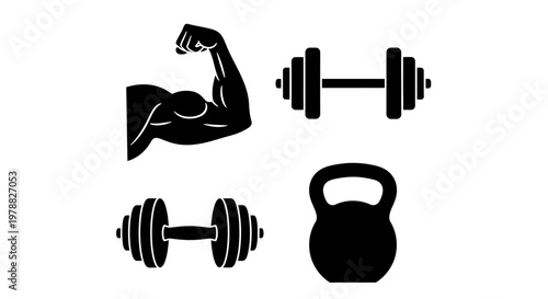 Fitness imagery featuring a muscular arm and weightlifting equipment silhouette