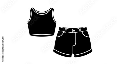 Black crop top and denim shorts design flat graphic silhouette