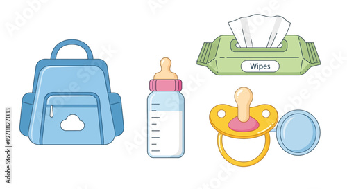 Baby supplies and blue backpack.