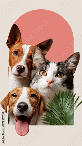 Pets Relax Under a Striped Umbrella on the Beach Near the Ocean in Sunny Weather