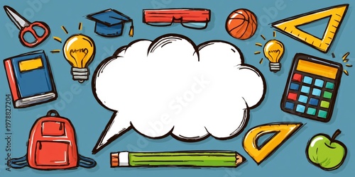 School Supplies and Learning Tools Surround a Blank Speech Bubble on a Blue B...