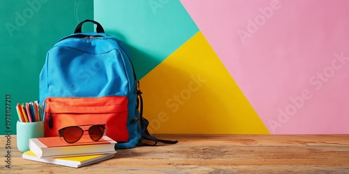 Backpack With School Supplies and Colorful Wall in a Study Area During the Day