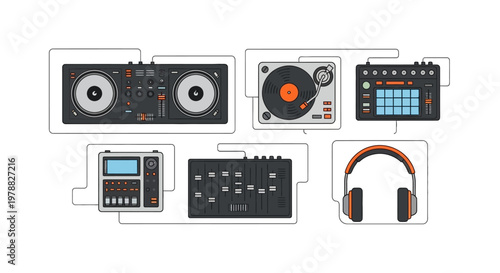 DJ equipment with headphones and controllers.