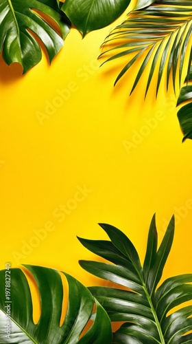 Bright Yellow Background With Green Tropical Leaves Arranged Around the Edges...